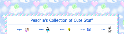 a pastel blue screenshot of 'peachies collection of cute stuff'